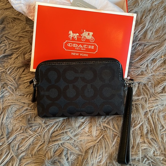 New Coach Double Zipper compartment wristlet wallet black monogram C - Picture 7 of 8